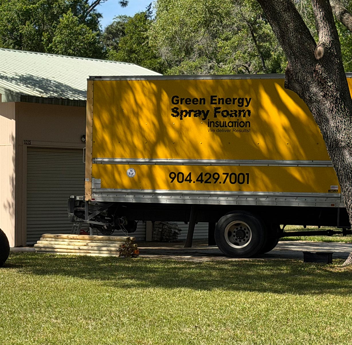 Image of Green Energy Spray Insulation Equipment Truck at residential location